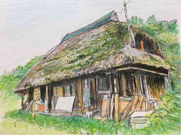 茅葺き屋根の家 絵画 油絵 - 美術品