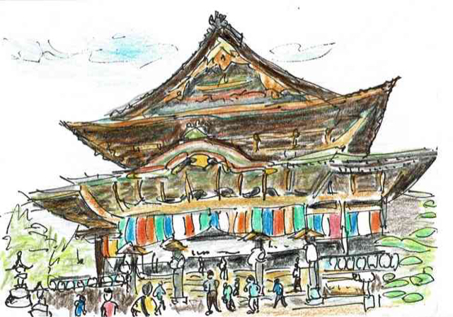 水彩画風スケッチ・国宝・長野市善光寺・本堂: 円空仏などの彫刻 水彩画風スケッチ・国宝・長野市善光寺・本堂: 円空仏などの彫刻