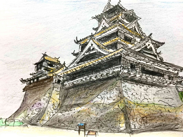 水彩画風スケッチ・熊本地震で崩落した熊本城その２: 円空仏などの彫刻