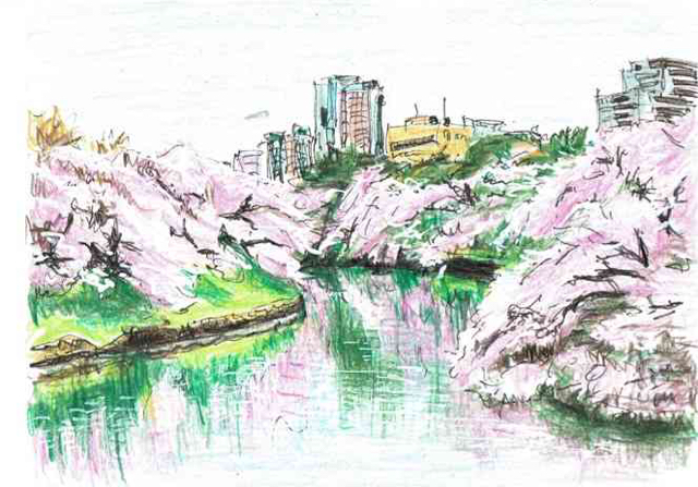 水彩画風スケッチ・東京千鳥ヶ淵の桜が満開となった: 円空仏など