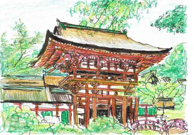 水彩画風スケッチ・日本の世界遺産建築物ベスト25の21位・京都上賀茂 