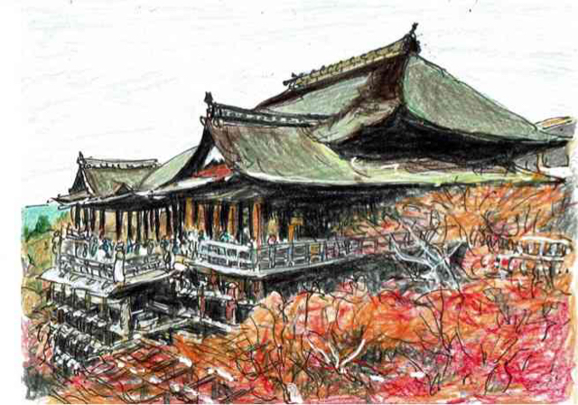 水彩画風スケッチ・国宝・京都清水寺・本堂の紅葉: 円空仏などの