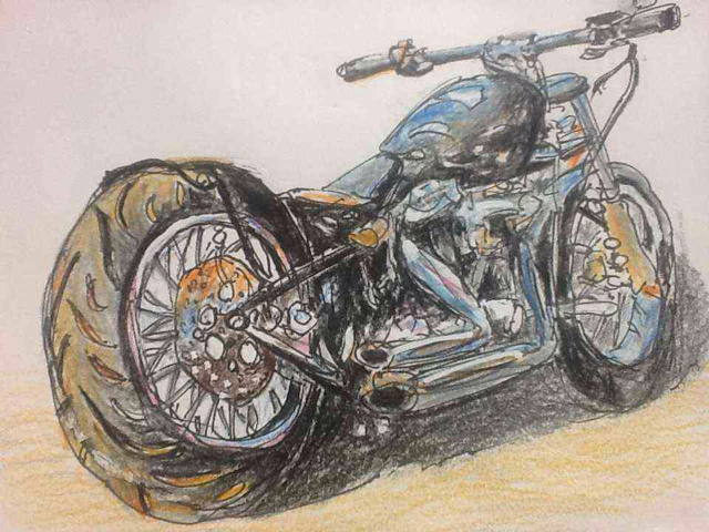 水彩画風スケッチ・ハーレーダビッドソン240Wのオートバイ: 円空仏など 