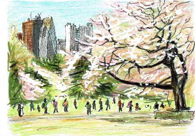 水彩画風スケッチ・新宿御苑・満開の桜: 円空仏などの彫刻や石仏