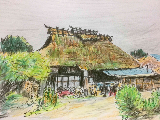 水彩画風スケッチ・昔風景・宮城県「七ケ宿」の古民家風景: 円空 水彩画風スケッチ・昔風景・宮城県「七ケ宿」の古民家風景: 円空
