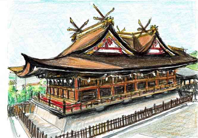 水彩画風スケッチ・国宝・岡山市吉備津神社・本殿: 円空仏などの