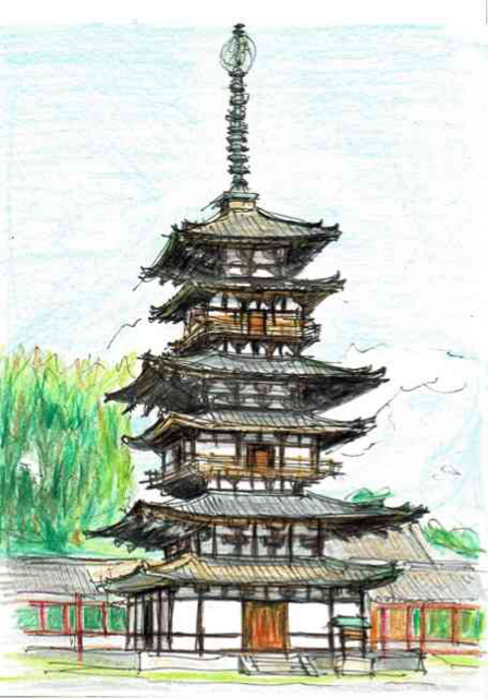 水彩画風スケッチ・日本の世界遺産建築物ベスト25の18位・奈良薬師寺